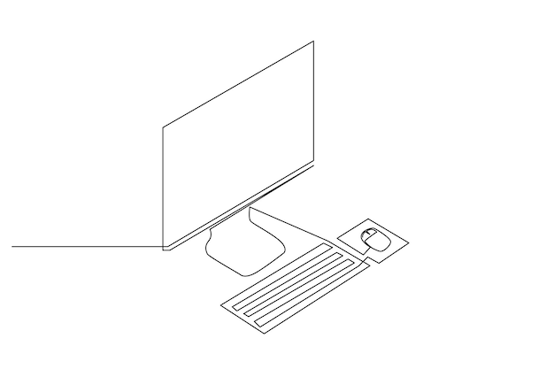 ガジェットの単純な線ベクトル。コンピュータハンドフォンジョイスティックイヤホンカメラの1行のコンセプト。