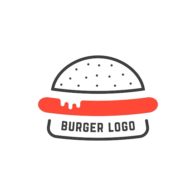 ベクトル シンプルな線形ハンバーガーのロゴ。料理バッジ、不健康なジャンクフード、スライス、ソーセージ、栄養提供の概念。フラットスタイルのトレンドモダンなブランドのグラフィックデザインの白い背景のベクトル図