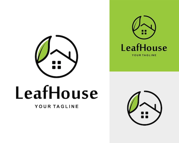 Vector simple linear house with leaf logo concept garden logo vector shady house icon