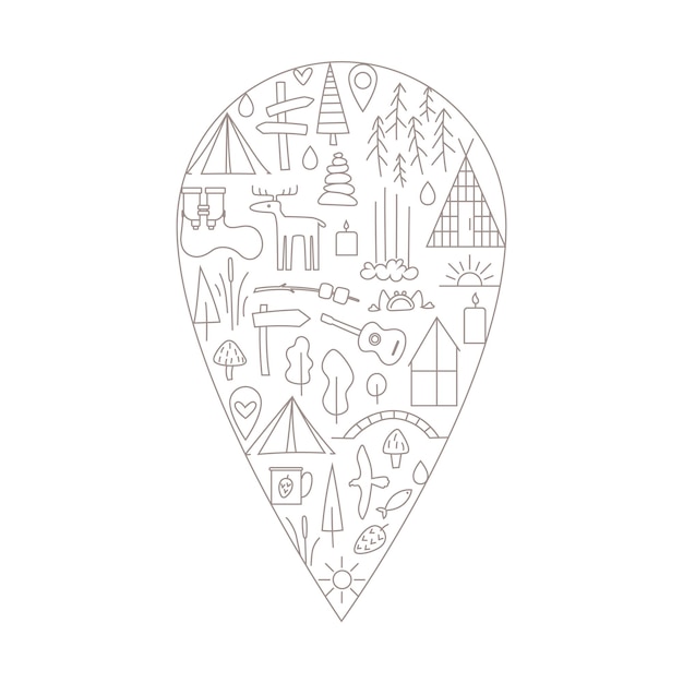 Simple linear illustration on the map pin shape A lot of line icons of camp glamping wild nature animals