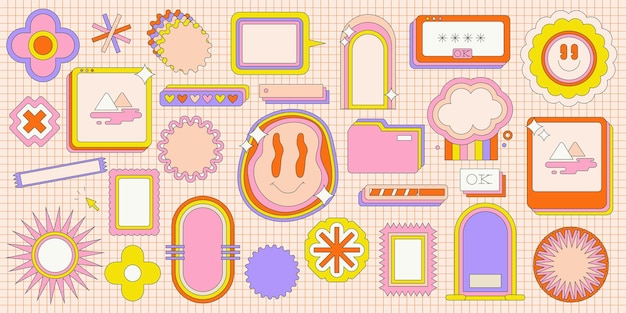 Simple linear retro sticker set Vector flat frames in 90s style Elements for design