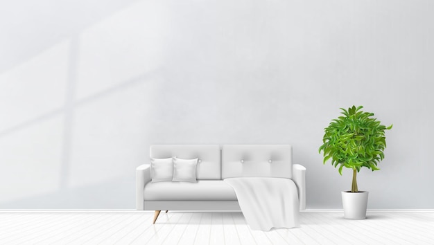 simple living room interior with gray sofa pillows plaid