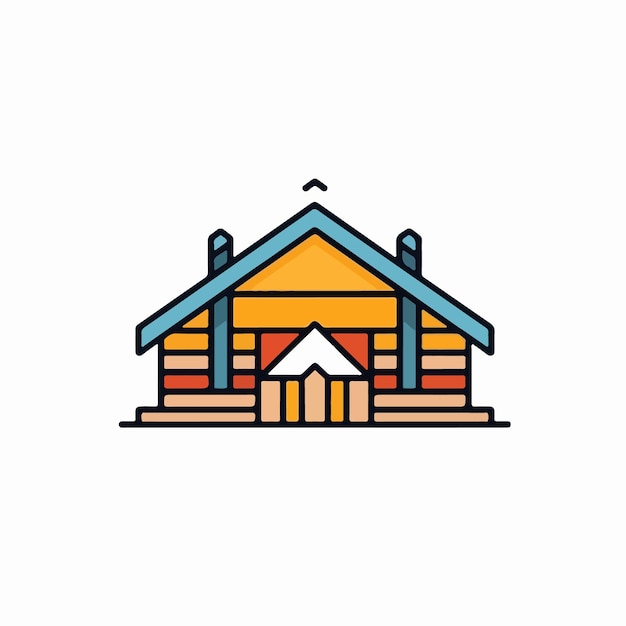 A simple log cabin icon with a blue and orange border.