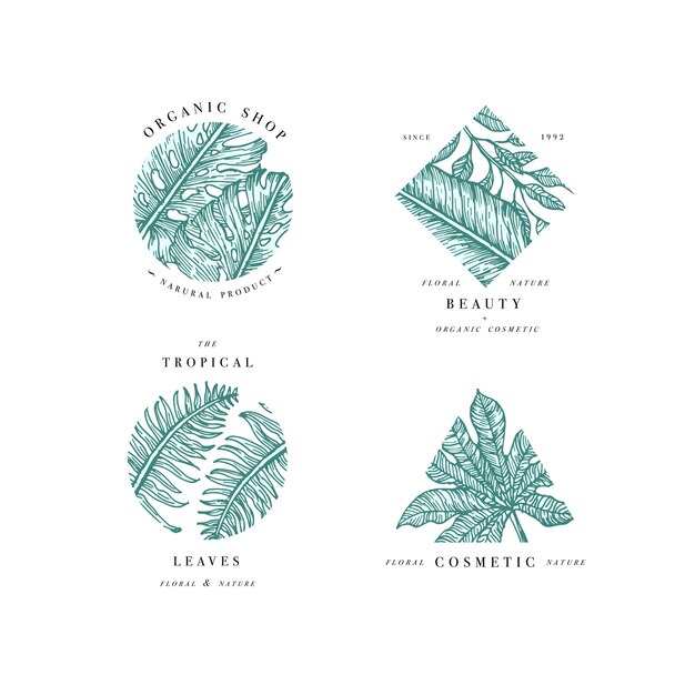 Semplice raccolta di logo. set di logotipi incisi. salone di bellezza tropicale e simboli cosmetici