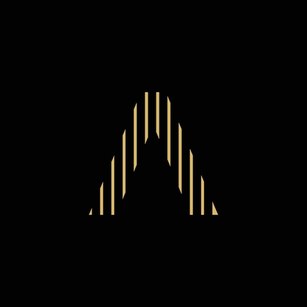 ゴールド カラーの直線と黒の背景を持つシンプルな A ロゴ