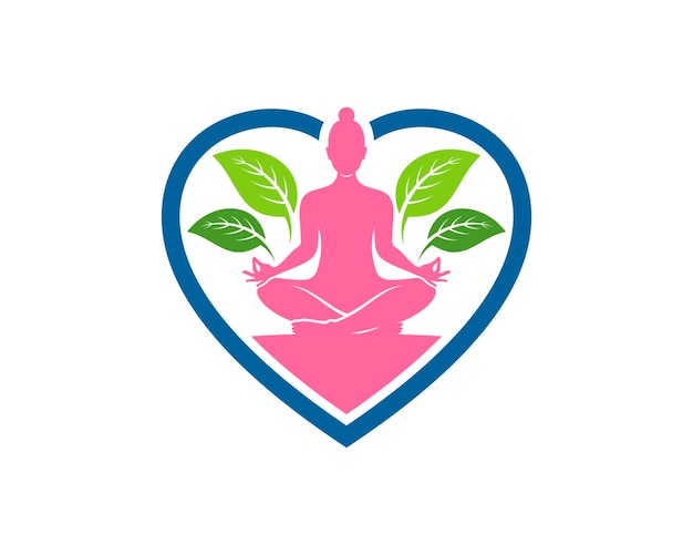 Vector simple love shape with women yoga and nature leaf