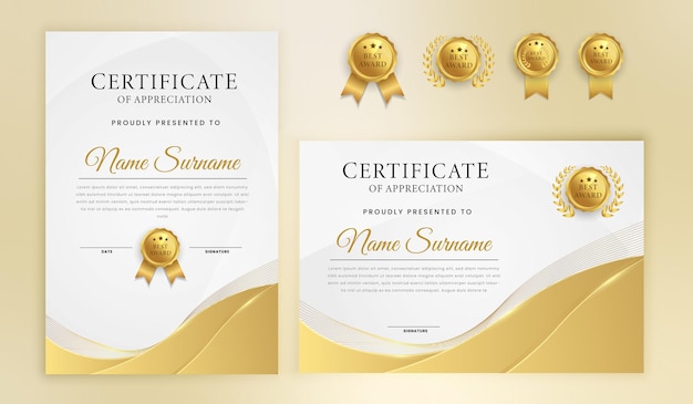 Simple luxury gold wavy lines certificate with badge and border template