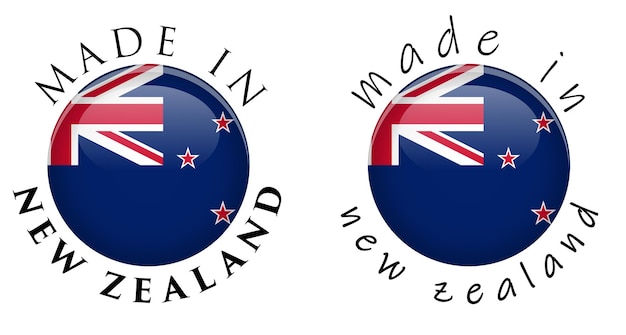 Vector simple made in new zealand 3d button sign. text around circle with national flag. decent and casual font version.