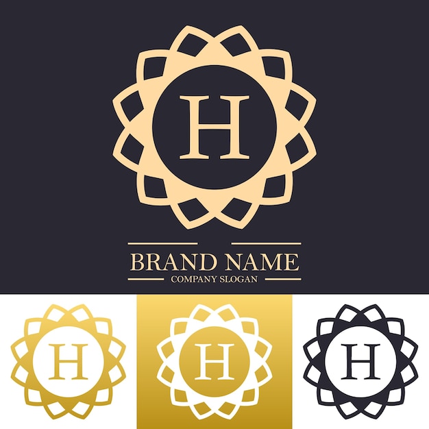 Simple mandala logo design template in golden color with letter h and floral line art concept