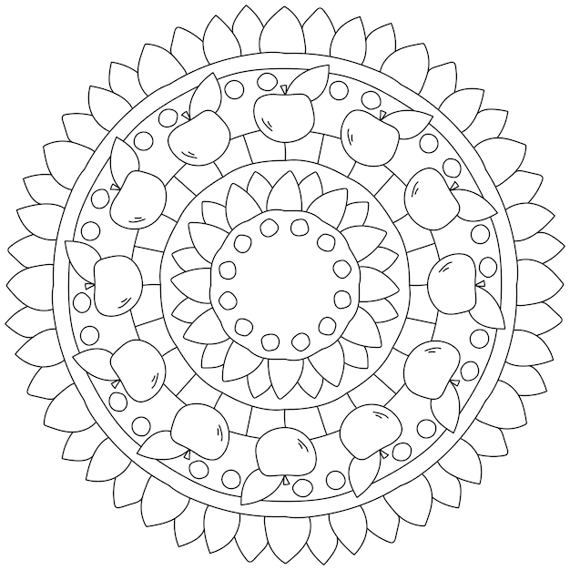 Simple mandala with fruits and patterns coloring page with apples and petals