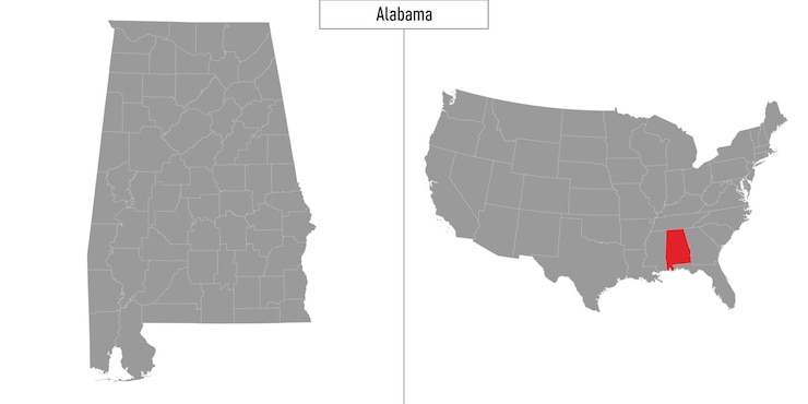 Simple map of Alabama state of United States and location on USA map