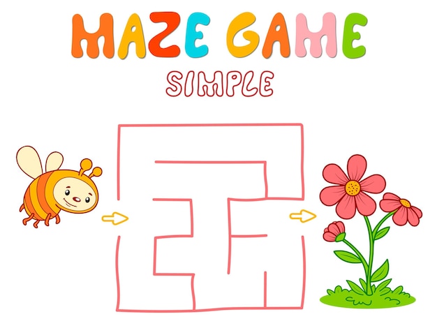 Simple Maze puzzle game for children. Color simple maze or labyrinth game with bee.