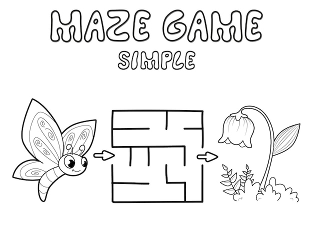 Simple maze puzzle game for children. outline simple maze or labyrinth game with butterfly and flower. vector illustrations