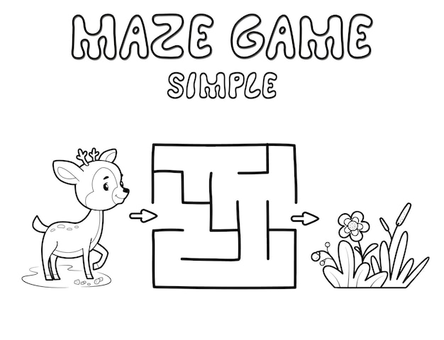 Simple maze puzzle game for children. outline simple maze or labyrinth game with deer. vector illustrations