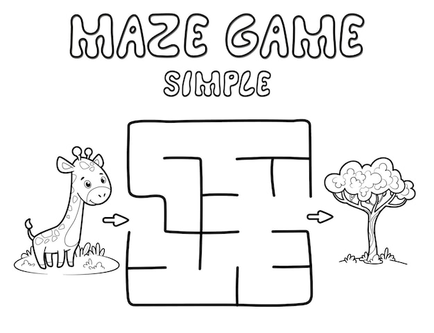 Simple Maze puzzle game for children. Outline simple maze or labyrinth game with giraffe. Vector illustrations