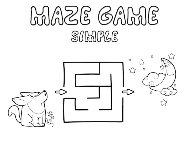 Simple Maze puzzle game for children. Outline simple maze or labyrinth game with wolf. Vector illustrations