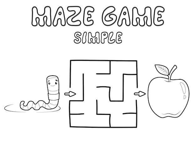 Simple Maze puzzle game for children. Outline simple maze or labyrinth game with worm. Vector illustrations