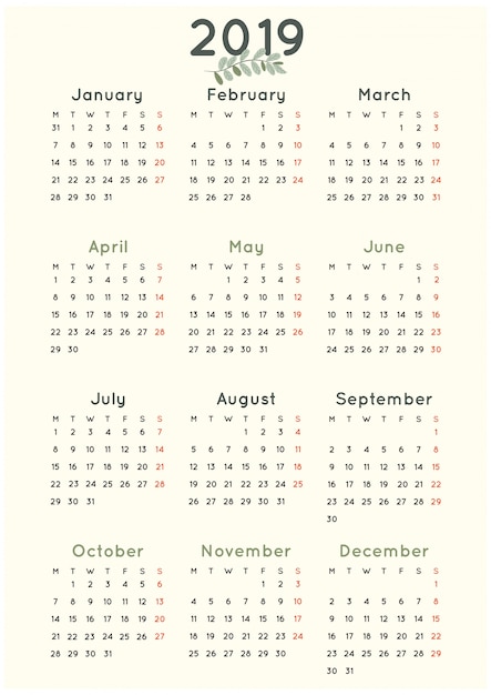 Vector simple minimalist 2019 calendar with green leaf