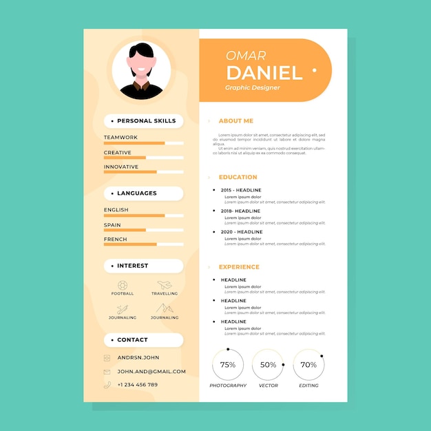 Modello di cv dal design piatto minimalista semplice