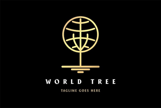 Simple Minimalist Golden World Globe Planet Tree Logo Design Vector