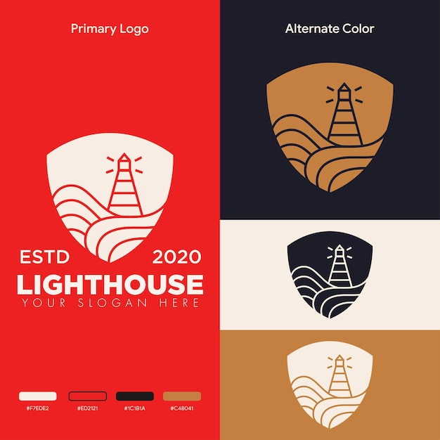 Vector simple minimalist lighthouse shield logo design