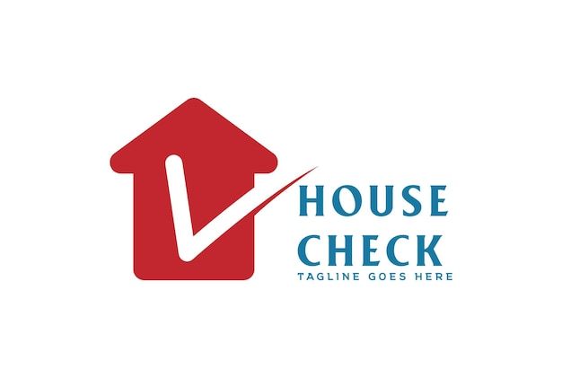 シンプルなミニマリストのモダンな赤い家とチェックフィックスOKシンボルの不動産物件のロゴデザイン