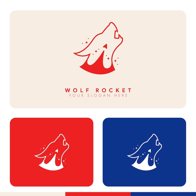 オオカミのシルエットのロゴの設計図の中のシンプルなミニマリストのロケット