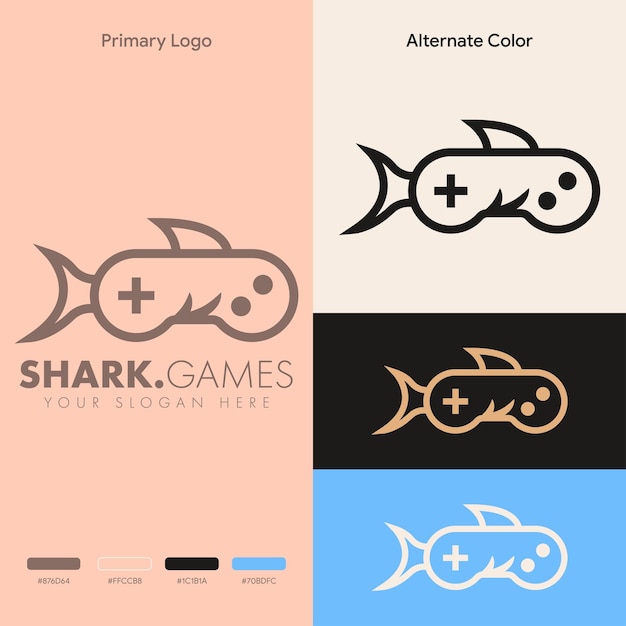 Vector simple minimalist shark joystick gamepad gaming logo design