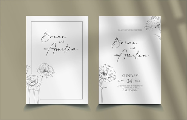 Vector simple minimalist wedding invitation with outline floral blossom vector