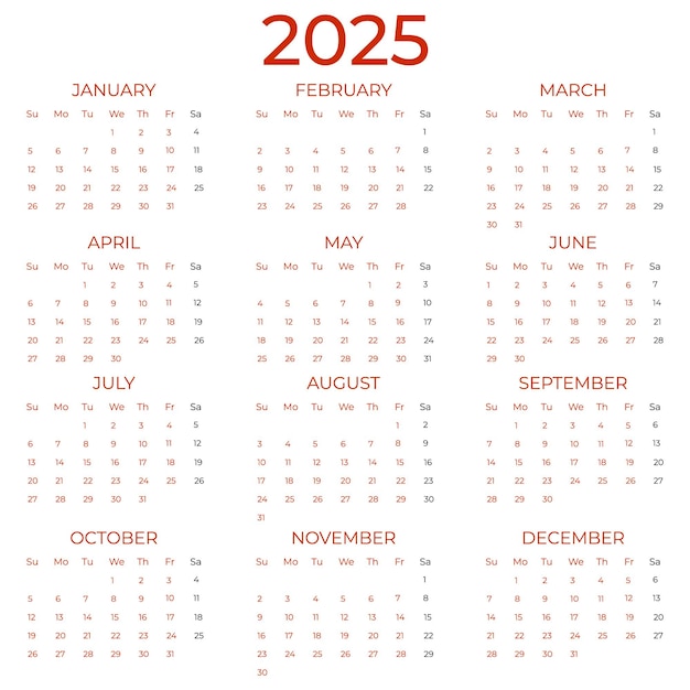 Vector simple minimalistic 2025 calendar over white surface