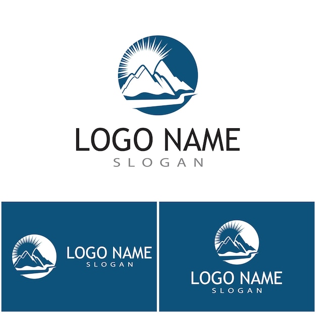 Simple modern mountain landscape logo design vector, rocky ice top mount peak silhouette