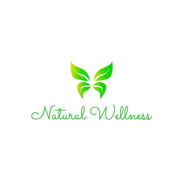 Illustrazione del logo del benessere naturale semplice e moderno con il concetto di design del logo della foglia della farfalla