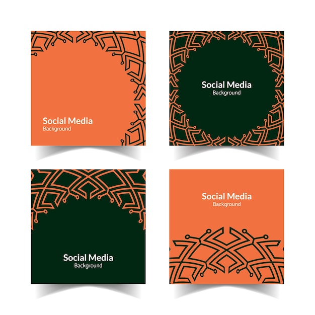 シンプルでモダンなオレンジ色の濃い緑の装飾的なパターンの正方形の平らなソーシャルメディアの背景