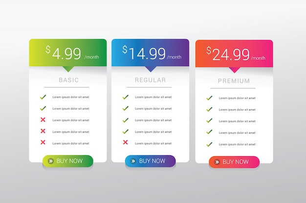 Simple modern price table design with vibrant gradient color good for website template element ui ux