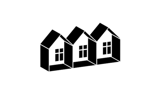 Простые монохромные векторные иллюстрации коттеджей, черно-белые загородные дома, для использования в графическом дизайне. концепция недвижимости, тема региона или района. абстрактный корпоративный имидж застройщика.