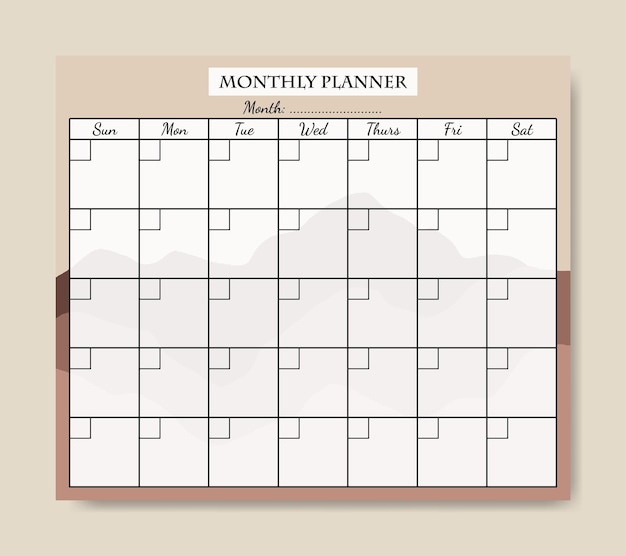 Vector simple mountain shape boho monthly planner template printable