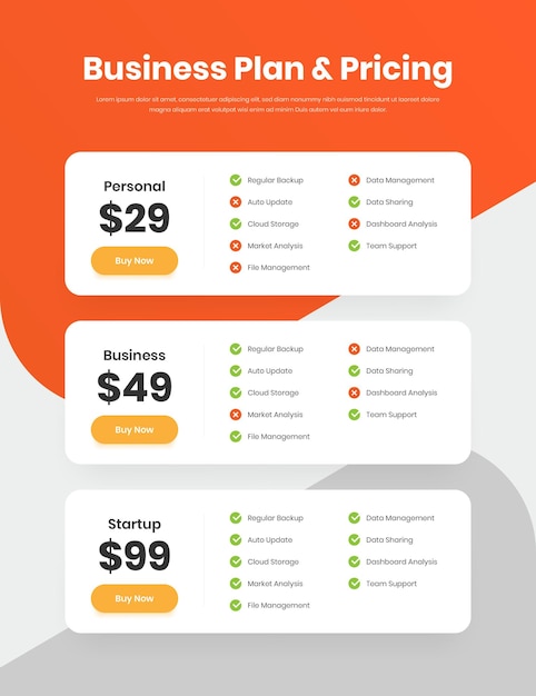 Vector simple multipurpose business plan and pricing web interface design with checklist