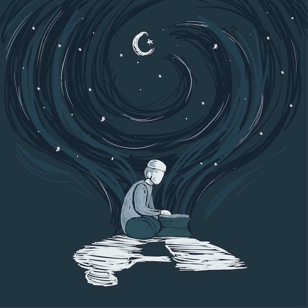 Simple Muslim Man Reading Quran Under Starry Night And Crescent Moon Illustration