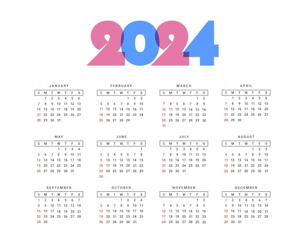 Vector simple new year 2024 annual calendar template