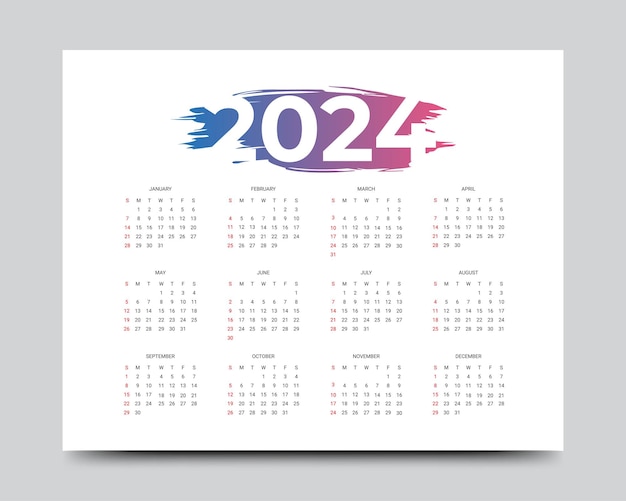 Vettore semplice modello di calendario annuale del nuovo anno 2024