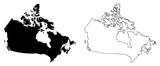 カナダのベクトル描画の単純な (鋭い角のみ) マップ。メルカトル図法。塗りつぶしとアウトライン バージョン。