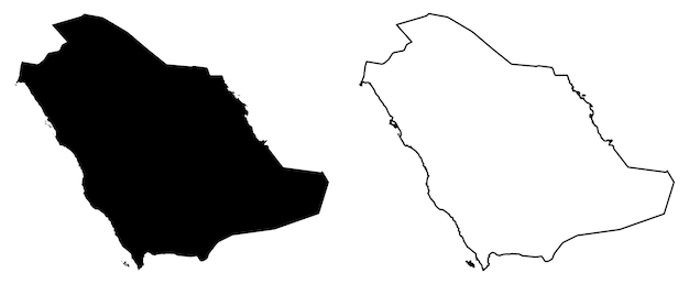 単純な (鋭い角のみ) マップ - サウジアラビア王国 (KSA) のベクトル描画。メルカトル図法。塗りつぶしとアウトライン バージョン。