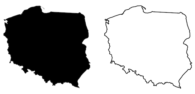 Simple (only sharp corners) map of Poland vector drawing. Mercator projection. Filled and outline version.