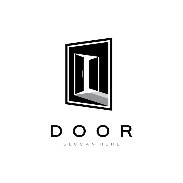 建設請負業者の建物の幾何学的形状を持つ単純な開いたドアの抽象的なロゴ