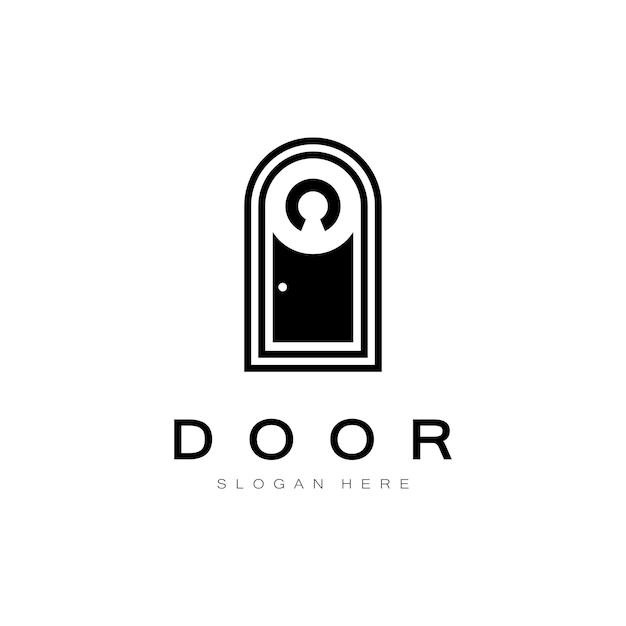 建設請負業者の建物の幾何学的形状を持つ単純な開いたドアの抽象的なロゴ