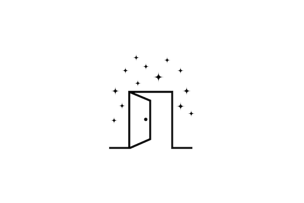 Simple open door logo with decorated stars in line art design style
