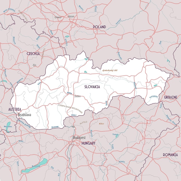 スロバキアのシンプルな概要地図のカラーページ