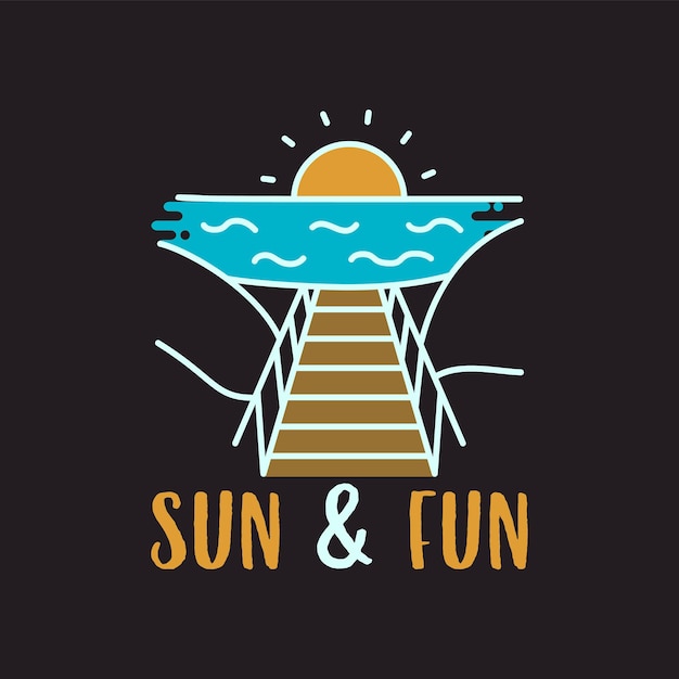 Простой контур векторный дизайн футболки с закатом над океаном с пирсом и надписью Sun and Fun на черном фоне