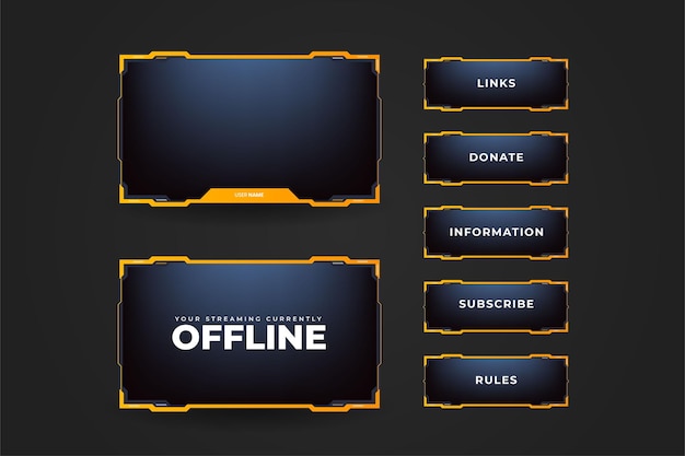 노란색 테두리와 버튼이 있는 단순한 오버레이 장식 어두운 배경의 온라인 게이머 화면 인터페이스 디자인 라이브 스트리머를 위한 오프라인 및 온라인 화면 컬렉션