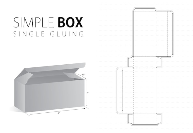 3D 미리 보기 검정 편집 가능한 청사진 레이아웃이 있는 간단한 포장 상자 다이 컷 템플릿